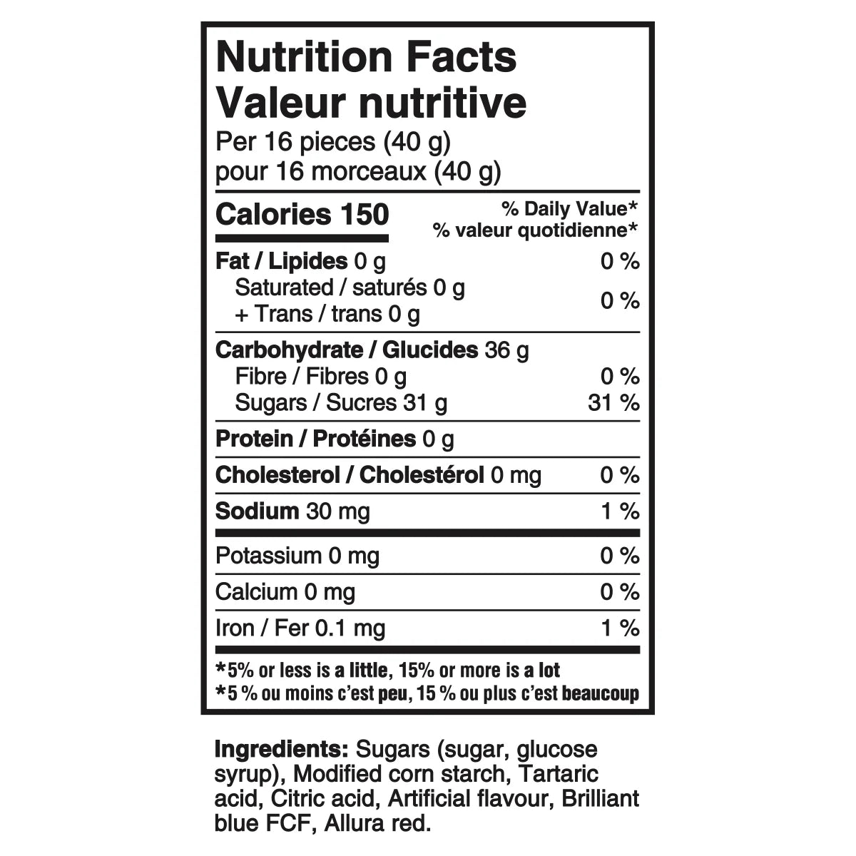 Nutrition facts label for Sour Patch Kids ICE POP MIX Gummy Candy, 150g/5.2 oz with white background and black text.
